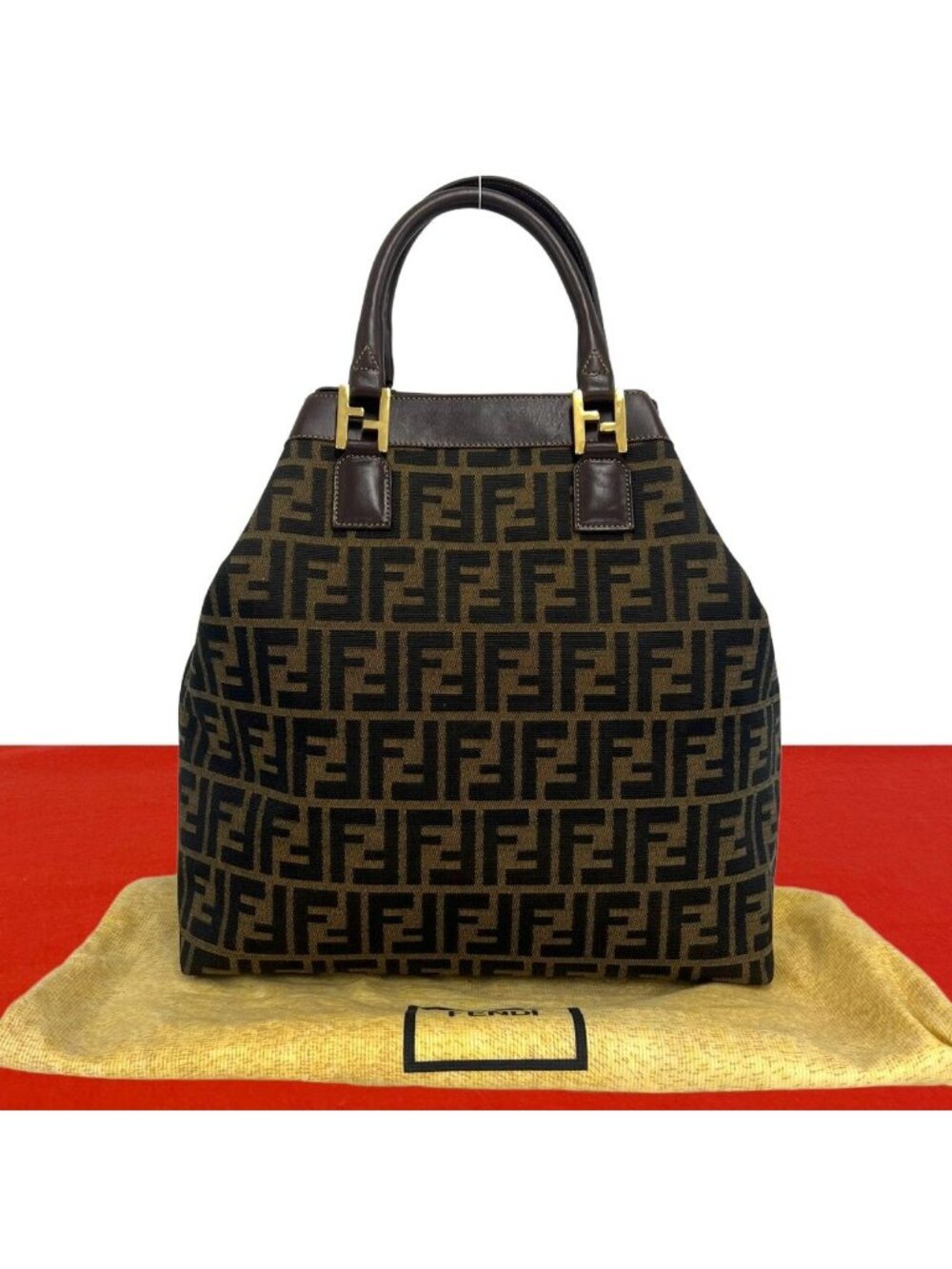Fendi Vintage Zucca FF Pattern Canvas Leather Tote Bag Brown